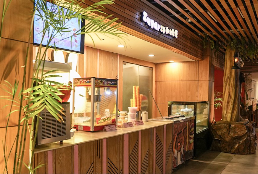 The Sugar Spike counter with its popcorn machine